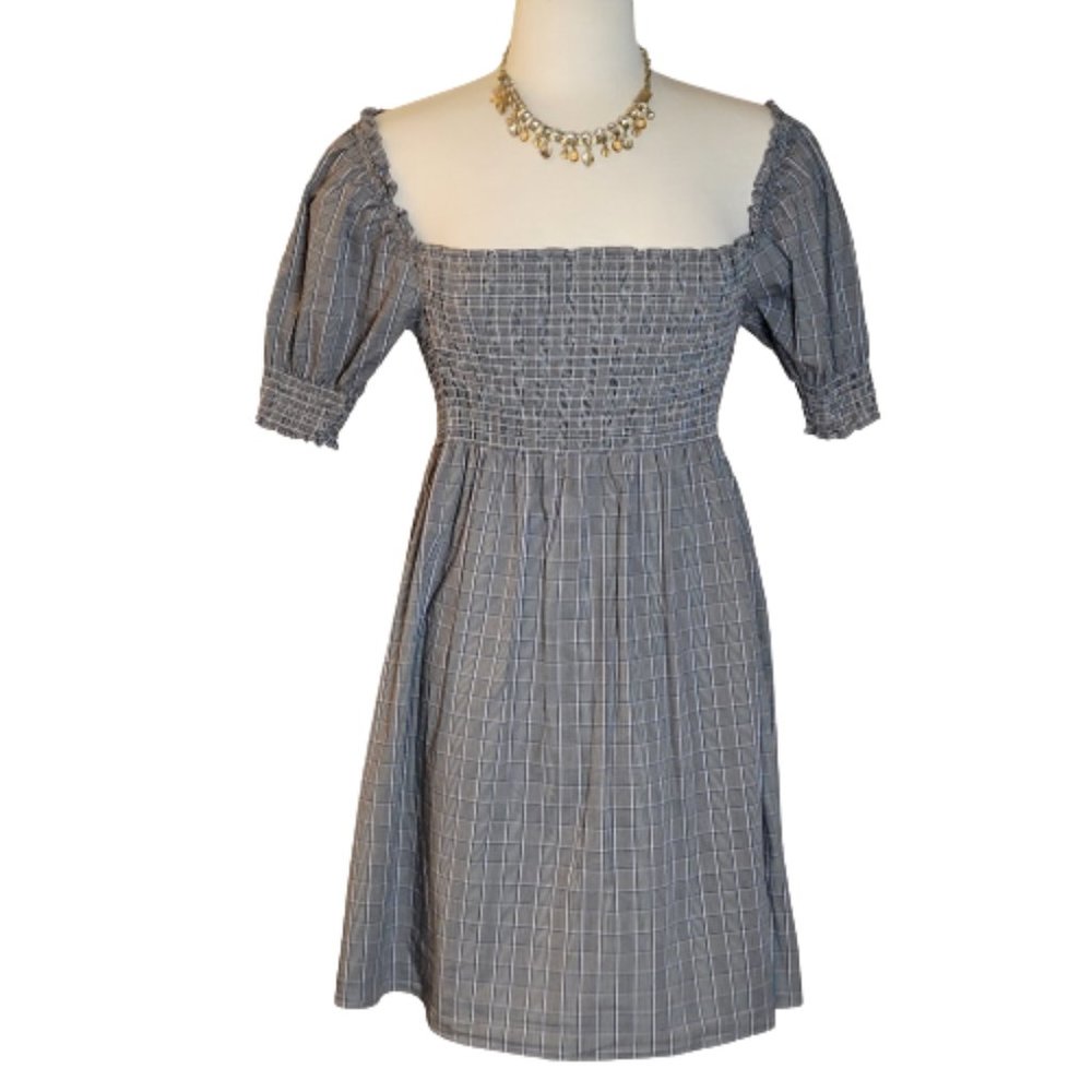 Hill House Athena Nap Smock Bodice and Cuff Mini Dress Size S Grey Blue Blk - Picture 2 of 12